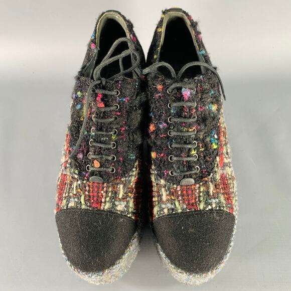 CHANEL Size 6.5 Black Red Grey Tweed Platform Oxford Flats - Picture 4 of 9